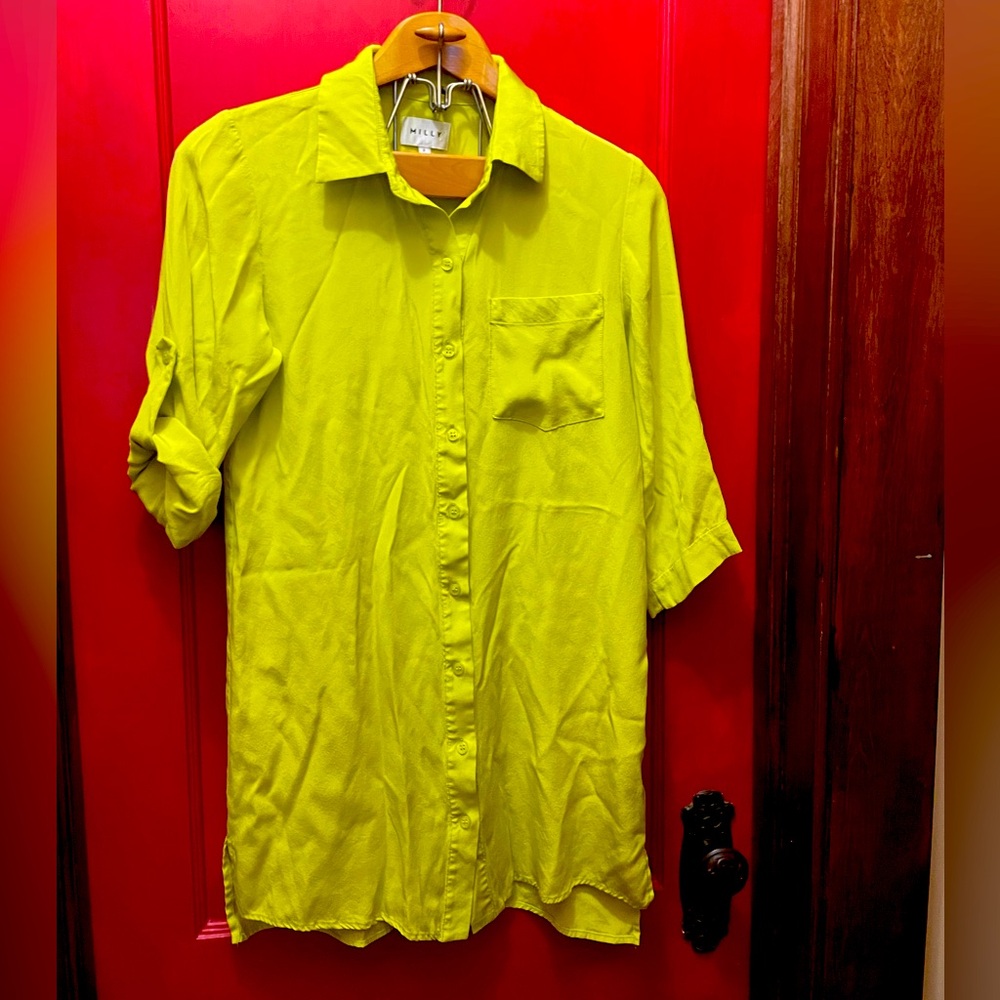Milly 100% silk button up shirt in neon green/chartreuse